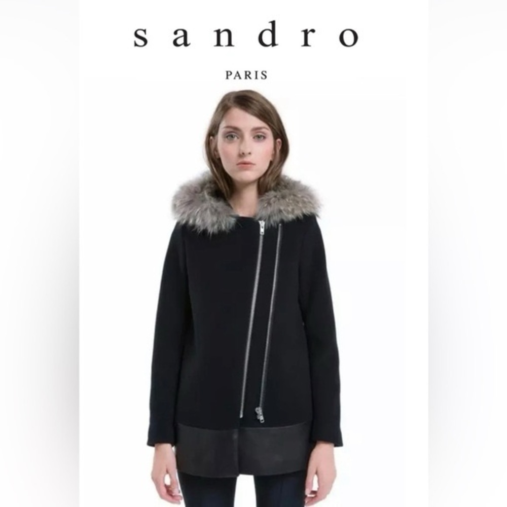 Sandro Manoli Fur Trim Wool Leather Coat